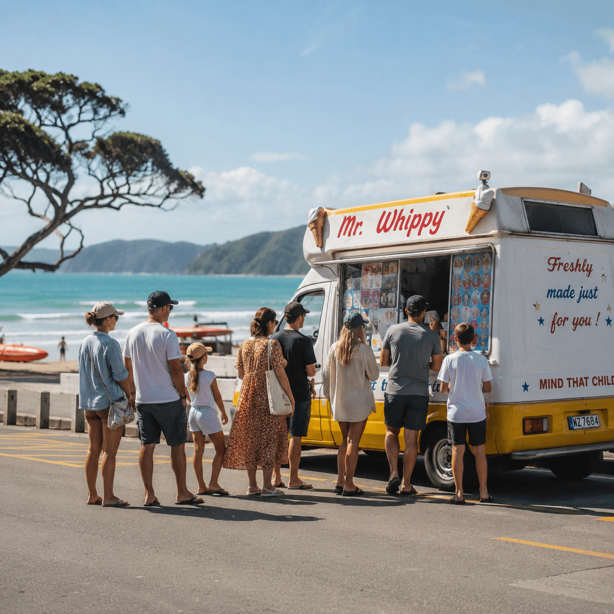 Families enjoying a sunny day at a New Zealand beach